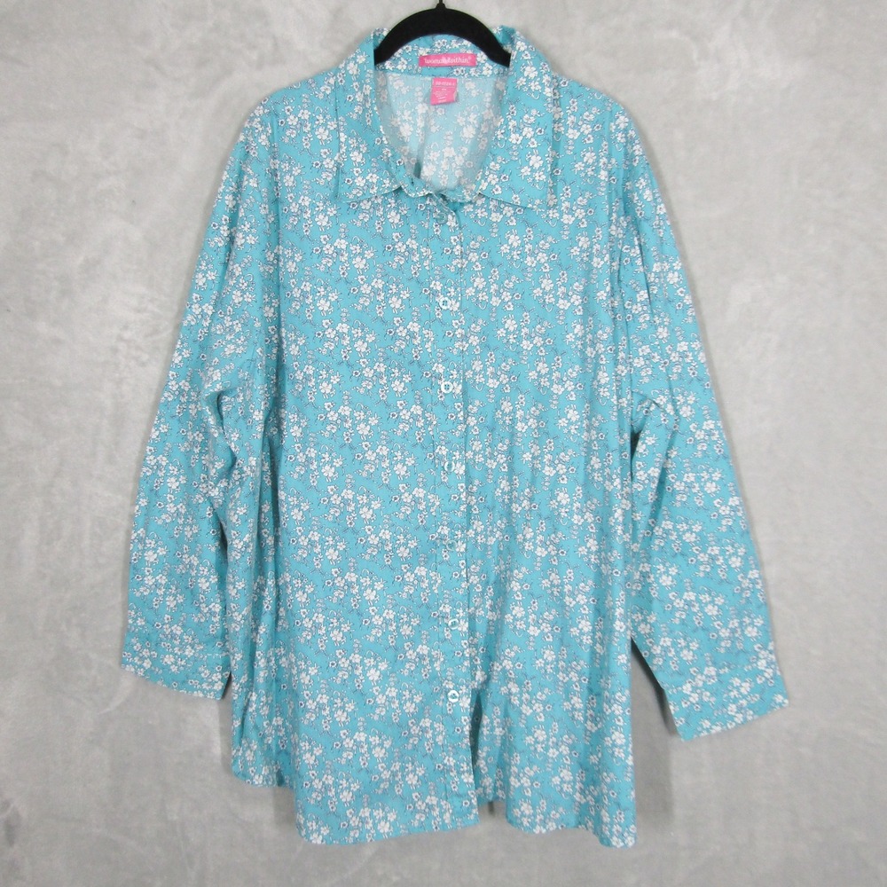Woman Within 2X Floral Print Button Down Shirt Plus Size 26 W Blouse Blue White